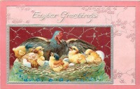 Ретро открытки - Пасхальные поздравления. Курица и цыплята в гнезде