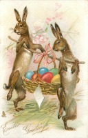 Ретро открытки - Пасхальные пожелания. Кролики и пасхальная корзина