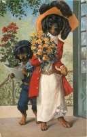 Ретро открытки - Ребенок с горшком герани и дама с букетом роз