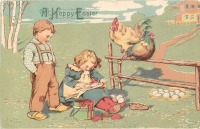 Ретро открытки - Счастливой Пасхи. Дети, куры, краски и пасхальные яйца
