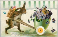 Ретро открытки - Кролик с пасхальной корзиной, фиалки и цыплёнок в тележке
