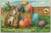 Ретро открытки - Пасхальная корзина, кролики и цыплята у изгороди