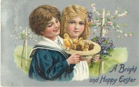 Ретро открытки - Счастливой Пасхи. Дети и цыплята в соломенной шляпе