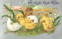 Ретро открытки - Счастливой Пасхи. Цыплята, пасхальная корзина и ландыши