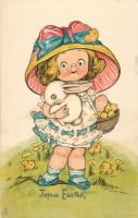Ретро открытки - Пасхальные поздравления. Девочка с корзиной цыплят и кролик