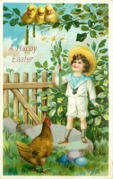 Ретро открытки - Мальчик с ромашками, курица и цыплята на ветке