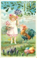 Ретро открытки - Девочка в розовом платье с корзинкой и счастливым письмом