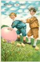 Ретро открытки - Мальчики, цыплята и фантастическое пасхальное яйцо