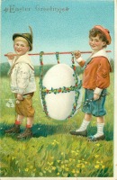 Ретро открытки - Мальчики, фантастическое пасхальное яйцо и цветочные гирлянды