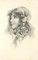 Ретро открытки - Модерн. Девушка в шляпке с колокольчиками