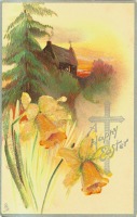 Ретро открытки - Жёлтые нарциссы и сельский дом на закате
