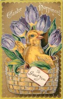 Ретро открытки - Счастливый пасхальный цыплёнок и фиолетовые тюльпаны