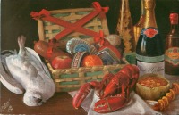Ретро открытки - Фриц Хильдебранд. Натюрморт с корзиной, птицей и омаром