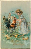 Ретро открытки - Девочка с золотым бантиком и петушок в капоре