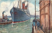 Ретро открытки - Стыковка в Нью-Йоркской гавани парохода Саванна и буксира