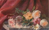 Ретро открытки - Розовые и жёлтые розы на столе
