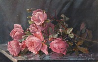 Ретро открытки - Букет бледно-розовых роз на зелёном фоне