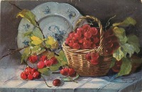 Ретро открытки - Мари Голей. Вишни в корзине и декоративная тарелка на столе