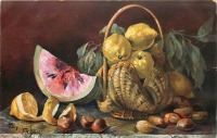Ретро открытки - Мари Голей. Лимоны в корзине, арбуз и орехи на столе
