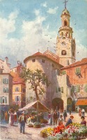 Ретро открытки - Торговая площадь, цветочный рынок и церковь Компаниле ди Сан-Сиро в Сан-Ремо