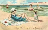 Ретро открытки - Девушка в голубом купальнике и собака