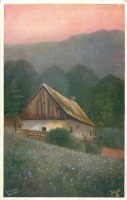 Ретро открытки - Дом в горном пейзаже и поле с цветами