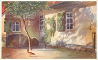Ретро открытки - Дом с зелёными ставнями и дерево во дворе