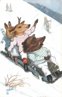 Ретро открытки - Кабан, олень и кролик на снежной горке