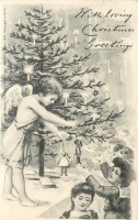 Ретро открытки - Ангел раздаёт подарки детям