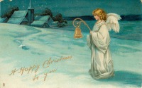 Ретро открытки - Ангел, рождественский колокол и зимняя деревня