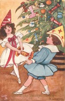 Ретро открытки - Дети перед рождественской ёлкой