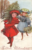 Ретро открытки - Мальчик в красном с ёлкой и девочка с омелой