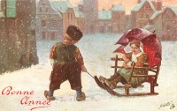 Ретро открытки - Девочка на санках под красным зонтом