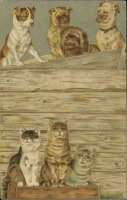 Ретро открытки - Кошки в корзине и собаки на заборе