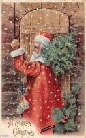 Ретро открытки - Дед Мороз с ёлкой и подарками у порога дома