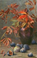 Ретро открытки - Девичий виноград в вазе и инжир на столе