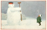 Ретро открытки - Снеговик с метлой и девочка с сигаретой