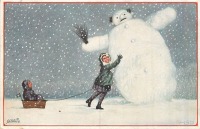 Ретро открытки - Снеговик и девочка с санками