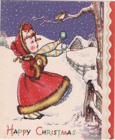 Ретро открытки - Счастливого Рождества. Девочка и малиновка