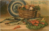 Ретро открытки - Натюрморт с селёдкой и креветками