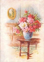 Ретро открытки - Пионы в голубой вазе на столе