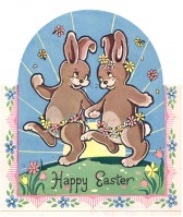 Ретро открытки - Счастливая Пасха. Два пасхальных кролика и цветы