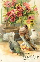 Ретро открытки - Пасхальные поздравления. Три голубя и розовый куст