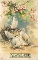 Ретро открытки - Счастливая Пасха. Три голубки и ветка яблони