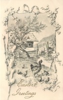 Ретро открытки - Пасхальные поздравления. Дом в деревне и курица с цыплятами