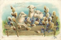 Ретро открытки - Пасхальное приветствие. Овцы, крокусы и ветка вербы