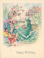 Ретро открытки - Девушка в зелёном платье и розовый куст
