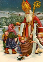 Ретро открытки - Ретро-поштівка.  Святий Миколай дарує дітям подарунки.