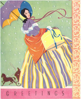 Ретро открытки - Женщина под зонтом с подарками