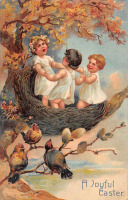 Ретро открытки - Пасхальные дети в гнезде и птицы на ветке